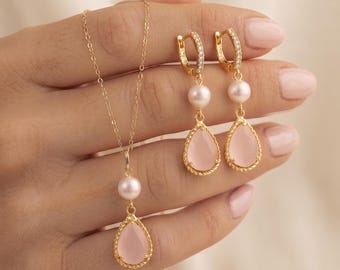 Fresh water Pearl Drop Earrings,  Bridal Jewelry, Bridesmaid Gift , PINK  necklace earrings bracelet set