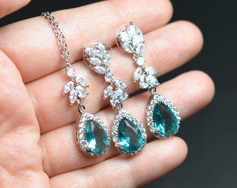 Teal blue Crystal Bridal earrings Wedding jewelry Bridesmaid Gift  necklace bracelet set something blue green mother bride groom gift svine