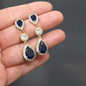 gold Navy blue sapphire blue wedding jewelry bridesmaid gift bridesmaid jewelry bridal jewelry drop cubic dangle earring bridesmaid gift s12