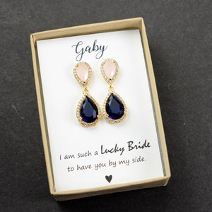 Gold navy blue pink Wedding Jewelry Bridesmaid Earrings Jewelry Pink Opal Blush Sapphire Navy Blue Gold Teardrop Bridal Earring bridesmaid