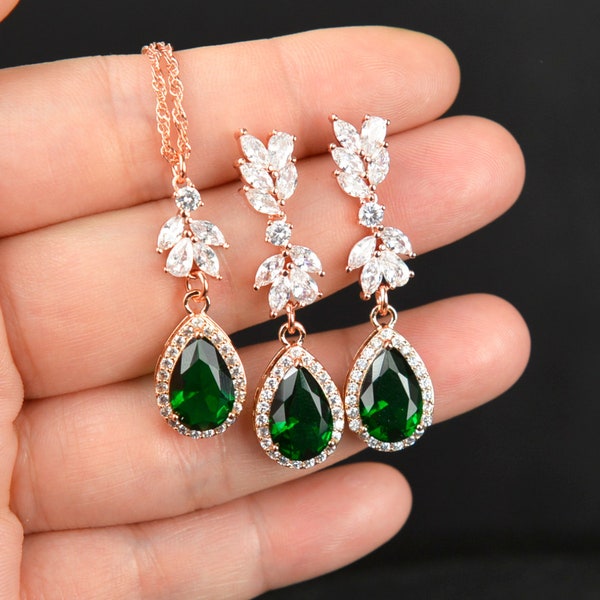 Emerald wedding earrings necklace bracelet set Bridal jewelry set Emerald green bridal necklace bridal jewelry Emerald bridal earrings V1