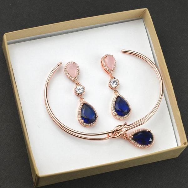 Wedding Jewelry Bridesmaid Earrings Jewelry Pink Opal Blush  Sapphire Navy Blue Gold Bridal Earrings bridesmaid gift set knot bracelet s12