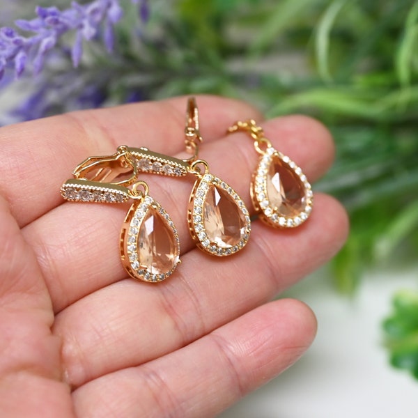 Clip on non pierced ears  morganite peachy  Personalized rose Gold Bridesmaid Gift Set Earrings Jewelry Bridal Jewelry  Bridesmaid gifts S12