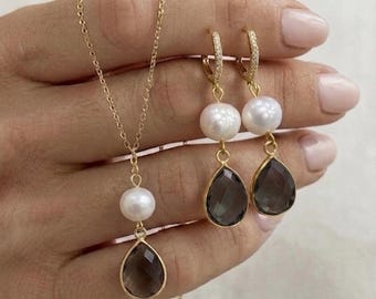 Fresh water Pearl Drop Earrings,  Bridal Jewelry, Bridesmaid Gift , gray quartz   necklace earrings bracelet set