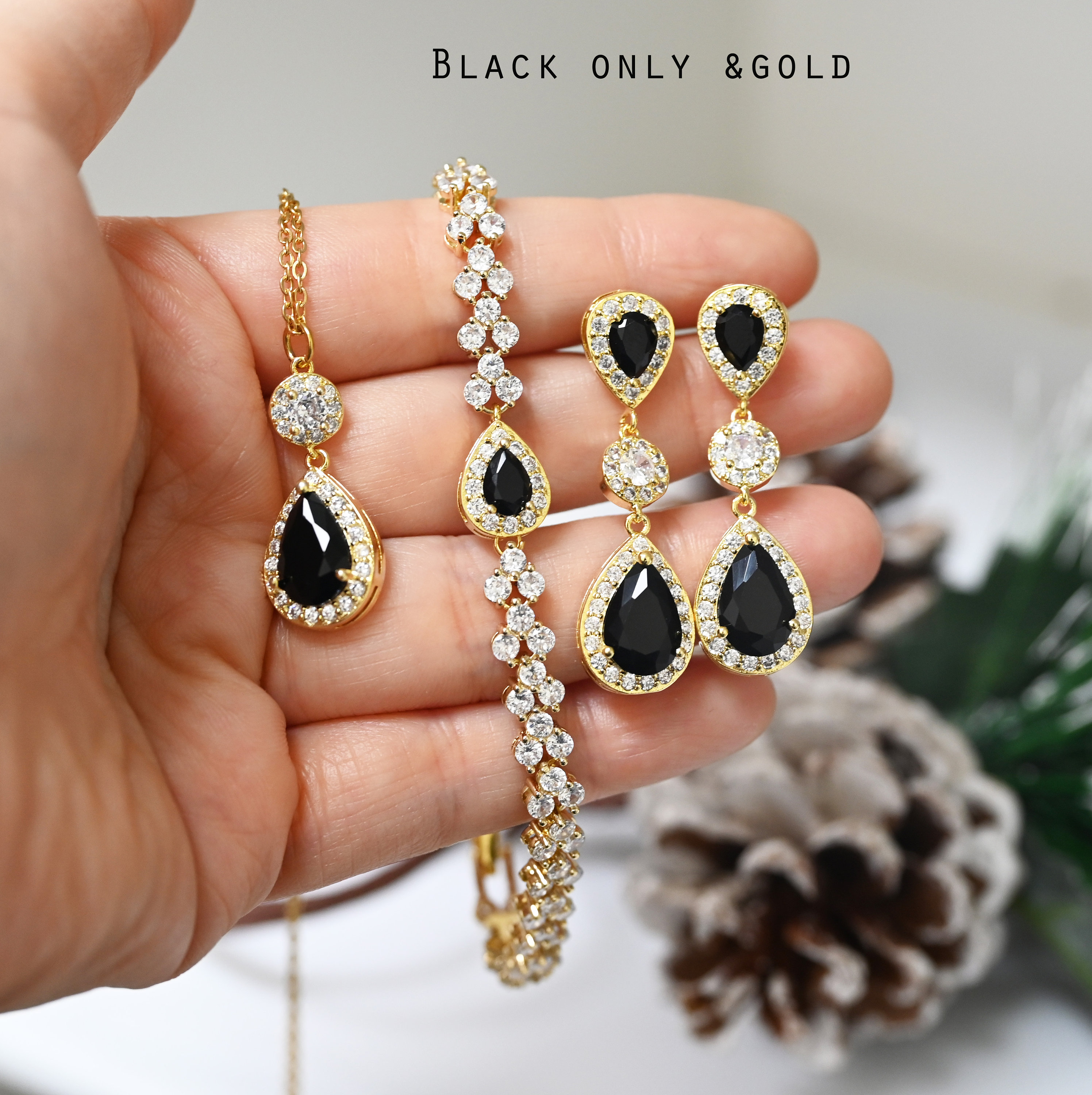 BLACK ONYX Gold Diamond Jewelry Set Black Studs Dangle Earrings