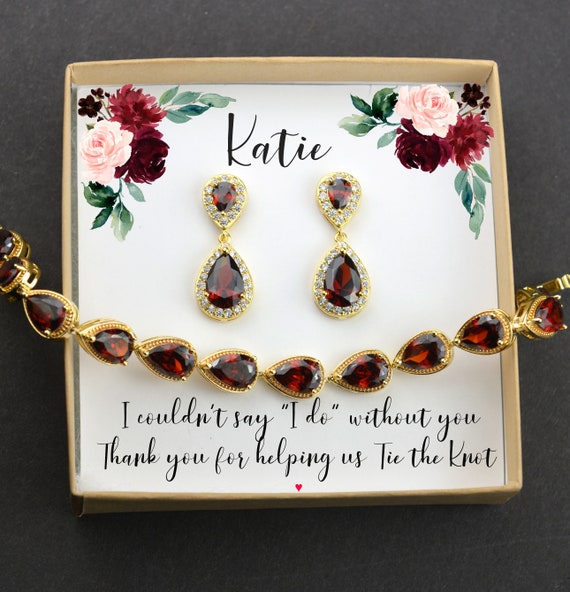 Burgundy red dark garnet bracelet burgundy Bridesmaid gifts Jewelry silverRose Gold burgundy Bridal jewelry Bridesmaid gift set