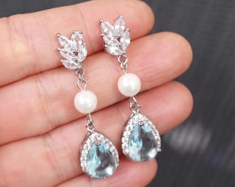 CLIP ON earrings (non pierced ) Blue aquamarine light blue Earrings Bridesmaid gifts Jewelry something blue pearl   Bridal jewelry  svine