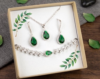 Emerald Green Teardrop Jewelry , Bridesmaid Necklace Bracelet Earrings ,Rose Gold Silver