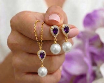 dark purple amethyst white Pearl Jewelry Set, Bridesmaid Gift bridal wedding  mother bride groom earrings necklace