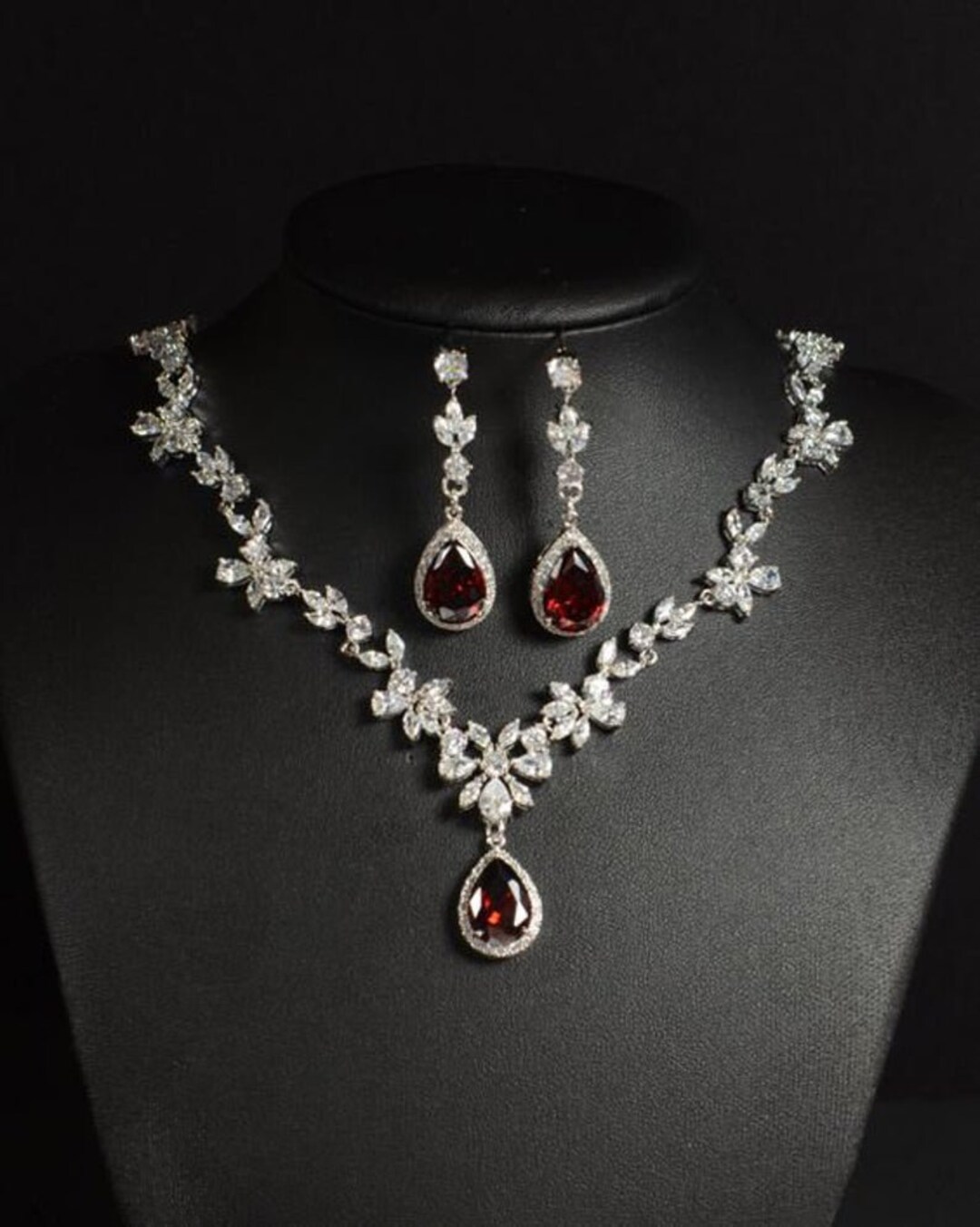 Red Bridal Jewelry Set Burgundy Bridal Earringscz Necklace Etsy