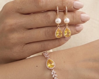 Yellow citrine cubic zirconia fresh water pearl  Teardrop earrings bracelet Bridesmaid Jewelry  mother bride groom maid matron of honor s12