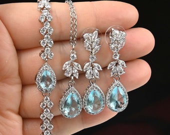 Something blue Aquamarine blue Crystal Bridal earrings Wedding jewelry Bridesmaid Gift  necklace bracelet set 3crystal BRACELET Svine