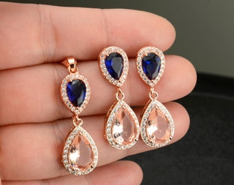 Morganite champagne  blue Sapphire Navy Blue rose Gold Teardrop  earrings /necklace