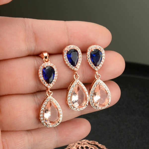 Morganite champagne  blue Sapphire Navy Blue rose Gold Teardrop  earrings /necklace