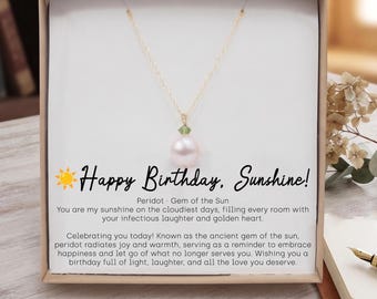 August Birthstone Peridot Necklace, Sunshine Gift for Daughter,  fresh water pearl Jewelry