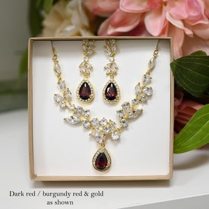 Bridal Jewelry set, Bridal Earrings Necklace bracelet, Wedding Jewelry Set ,burgundy dark red ,bridesmaid gifts set silver,Custom color VINE