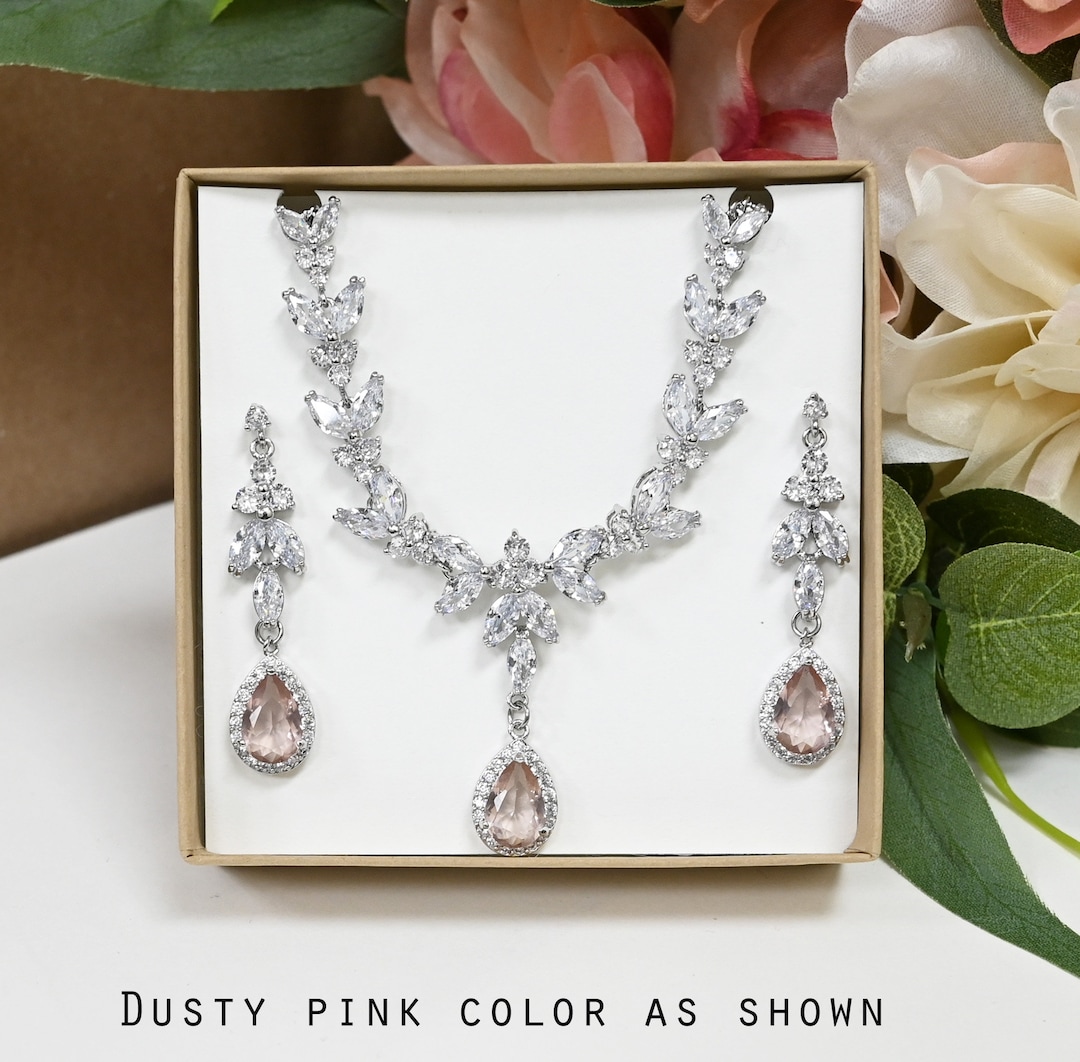 Dusty Pink Pale Pink Necklace Earrings , Bridal Necklace Set, Pink