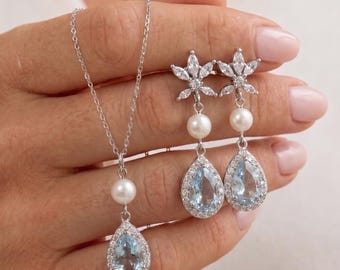 Blue Aquamarine Pearl Drop Earrings, Bridal Jewelry, Bridesmaid Gift