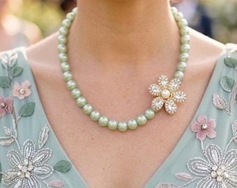 mint green  pearl  necklace floral  necklace  , pearl jewelry