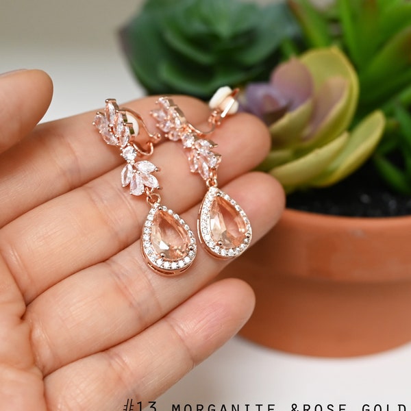 Rose gold morganite Clip on Bridal Earrings Drop  Clip on silver Crystal drop Earrings Silver Bridal Jewelry Silver bridal earrings Svine