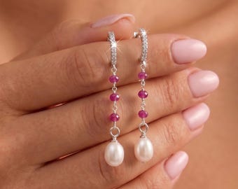 July birthday ,birthday gift ,Pink ruby  and Fresh water Pearl Drop Earrings necklace ,  Bridal Jewelry, Bridesmaid Gift