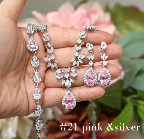 Fashion Wedding Clear Rhinestone Crystal Dubai Jewelry Set Brides Bridesmaid Prom Party Silver Plated Necklace Earrings