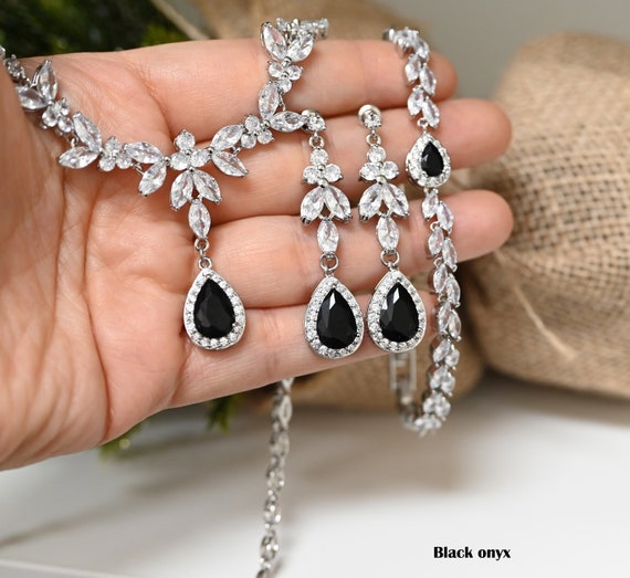 Black Only Black Diamond Bridal Wedding Jewelry Bridesmaid Gift Crystal Bracelet Gold Earrings Necklace Mother of the Bride Groom Prom