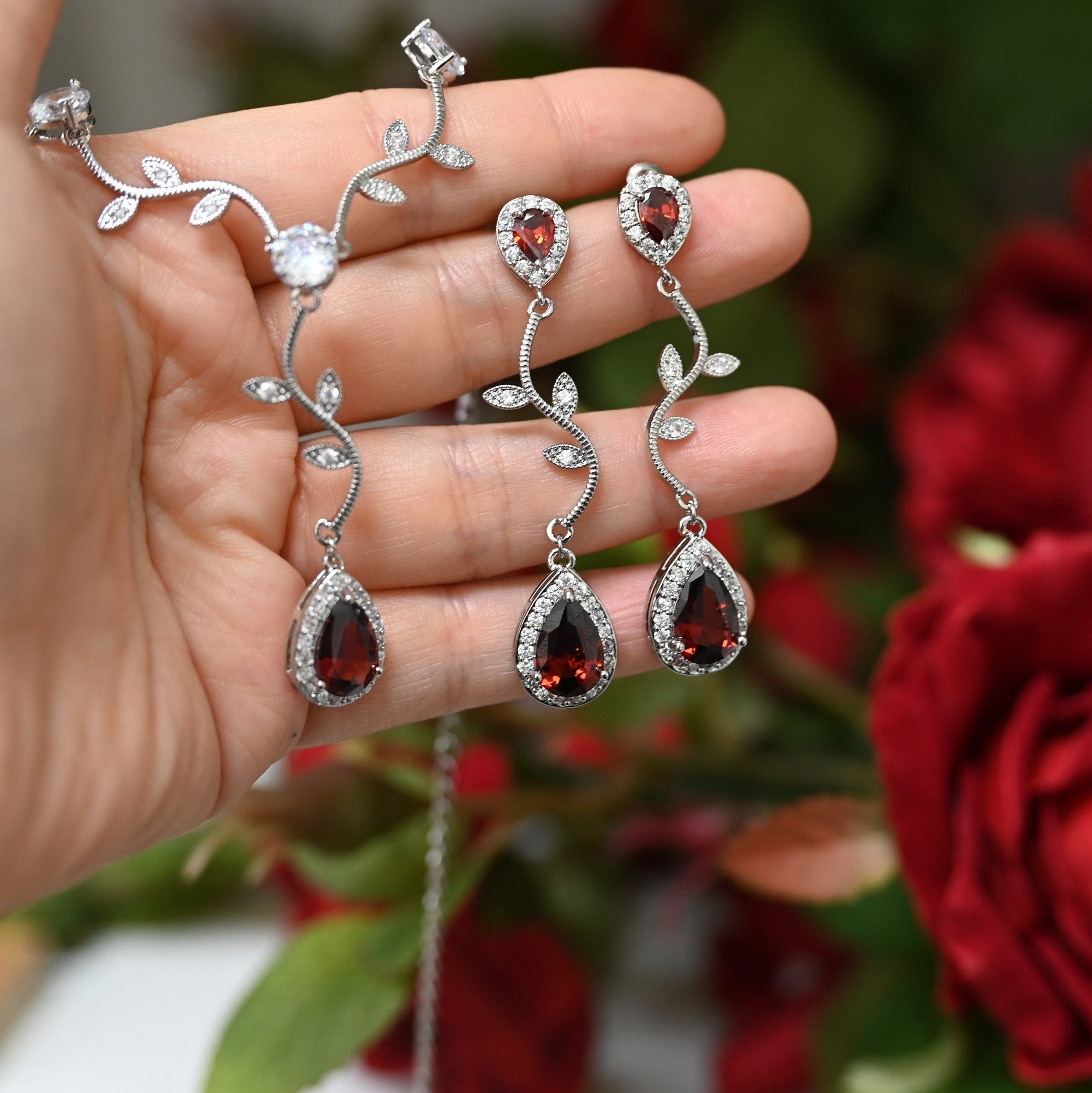 Dark red burgundy red garnet Mother bride groom maid matron of honor Bridal jewelry Wedding Necklace Earrings Bracelet bridesmaid gifts L22