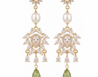 August Birthstone Peridot  chandelier earrings ,  Gift for Daughter,  fresh water pearl Jewelry