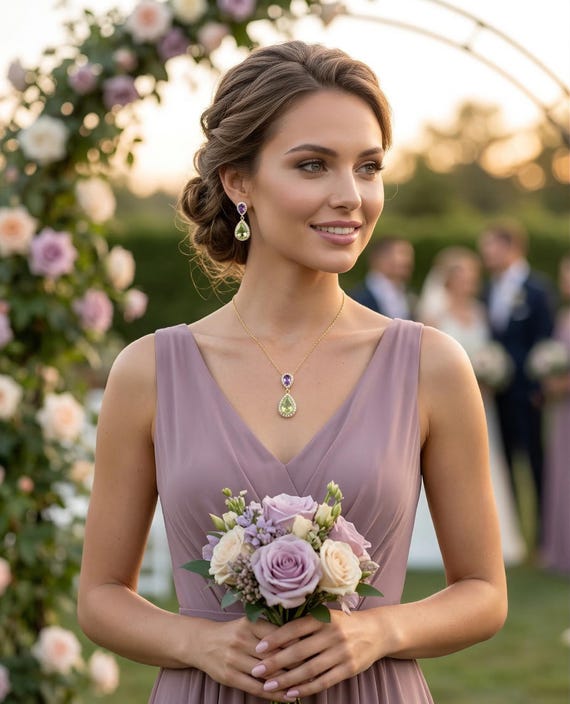 Light green mint green dark purple amethyst prom Dangle Earrings Necklace, Bridesmaid Jewelry Set ,wedding Jewelry