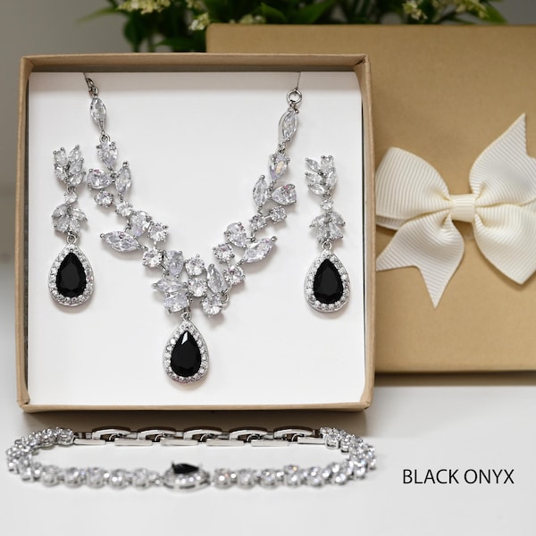 Black onyx dark black Bridal Wedding Jewelry bridesmaid gift Jewelry Crystal Bracelet Earrings necklace Mother bride groom P-SVINE1
