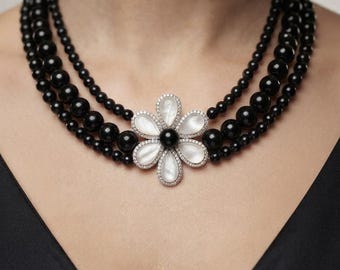 Hand-Strung Black Pearl & Flower Necklace | Real Mother of Pearl Accents | Bold Gothic Romantic Bridal Jewelry