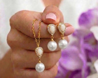 Opal  white Pearl Jewelry Set, Bridesmaid Gift bridal wedding  mother bride groom earrings necklace
