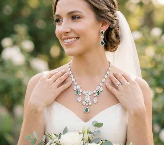 what color jewelry goes with green dress Emerald Crystal Drop Necklace green dress accessories wedding