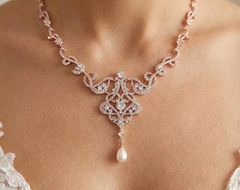 Dainty FRESH WATER Pearl Necklace with earrings Diamond, Rose Gold /Silver Diamond Pearl Necklace, Wedding Jewelry, Bridal Gift