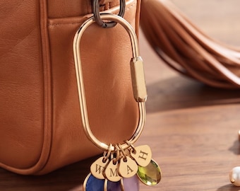 Custom keychain, personalized bag charm, initial and birthstone keychain, handbag accessory, bridesmaid gift, gift for her