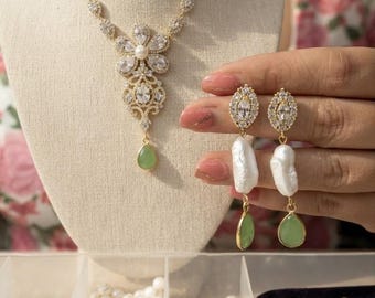 Dainty fresh water Pear green  Necklace with earrings Diamond,Rose Gold /Silver Leaf Diamond real Pearl Necklace, Wedding Jewelry