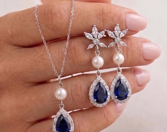 Navy dark Blue Sapphire Pearl Drop Earrings necklace , Bridal Jewelry, Bridesmaid Gift