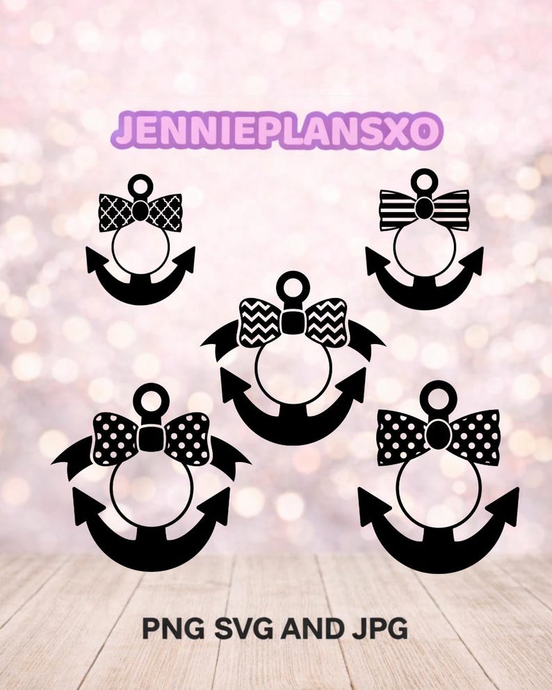 Pode incluir: Desenhos de &acirc;ncoras pretas com v&aacute;rios padr&otilde;es de la&ccedil;o. A imagem inclui o texto "JENNIEPLANSXO" e "PNG SVG AND JPG". As &acirc;ncoras t&ecirc;m um centro circular e s&atilde;o decoradas com bolinhas, listras e padr&otilde;es de chevron.