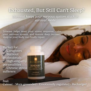 Peut inclure: Une bouteille de g&eacute;lules Zenease est pos&eacute;e sur une surface noire &agrave; c&ocirc;t&eacute; d'une personne au lit. La bouteille a une &eacute;tiquette blanche avec du texte vert et dor&eacute;. L'&eacute;tiquette indique "Zenease" et "Holistic REM Sleep Support". L'image contient le texte "Exhausted, But Still Can't Sleep?"