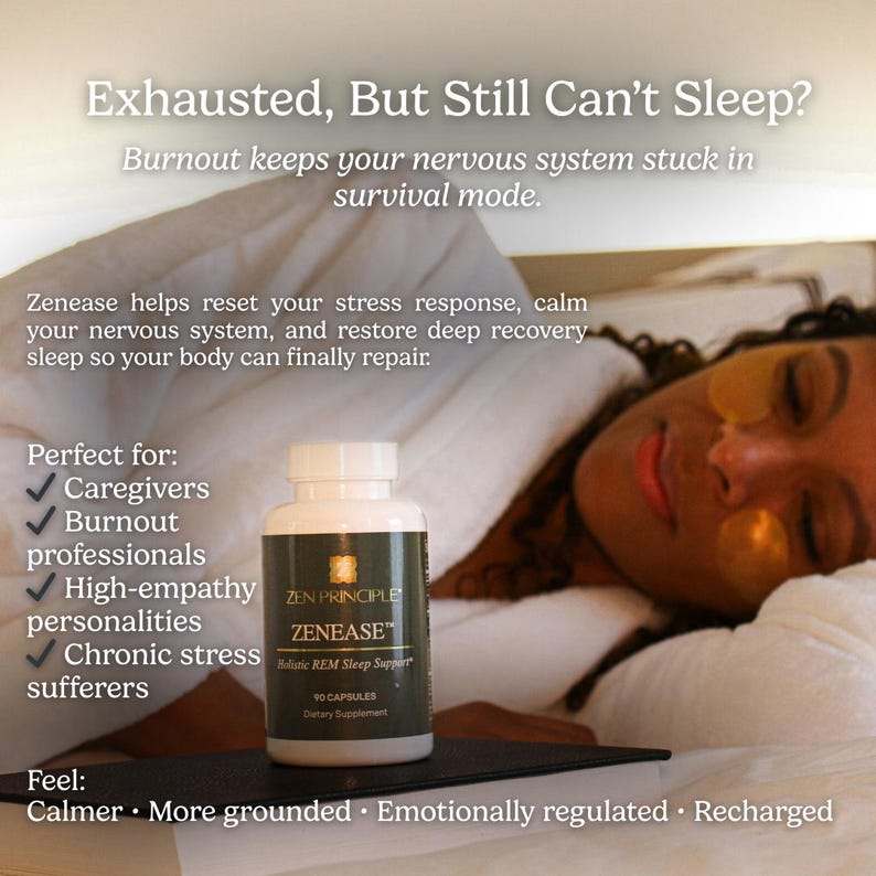 Peut inclure: Une bouteille de g&eacute;lules Zenease est pos&eacute;e sur une surface noire &agrave; c&ocirc;t&eacute; d'une personne au lit. La bouteille a une &eacute;tiquette blanche avec du texte vert et dor&eacute;. L'&eacute;tiquette indique "Zenease" et "Holistic REM Sleep Support". L'image contient le texte "Exhausted, But Still Can't Sleep?"