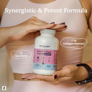 Może przedstawiać: Biała butelka suplement&oacute;w Zen Principle Marine Collagen & MSM OptiMSM. Etykieta zawiera tekst "2,5 g peptyd&oacute;w kolagenu" i "1 g OptiMSM". Butelka jest trzymana w dłoniach osoby.