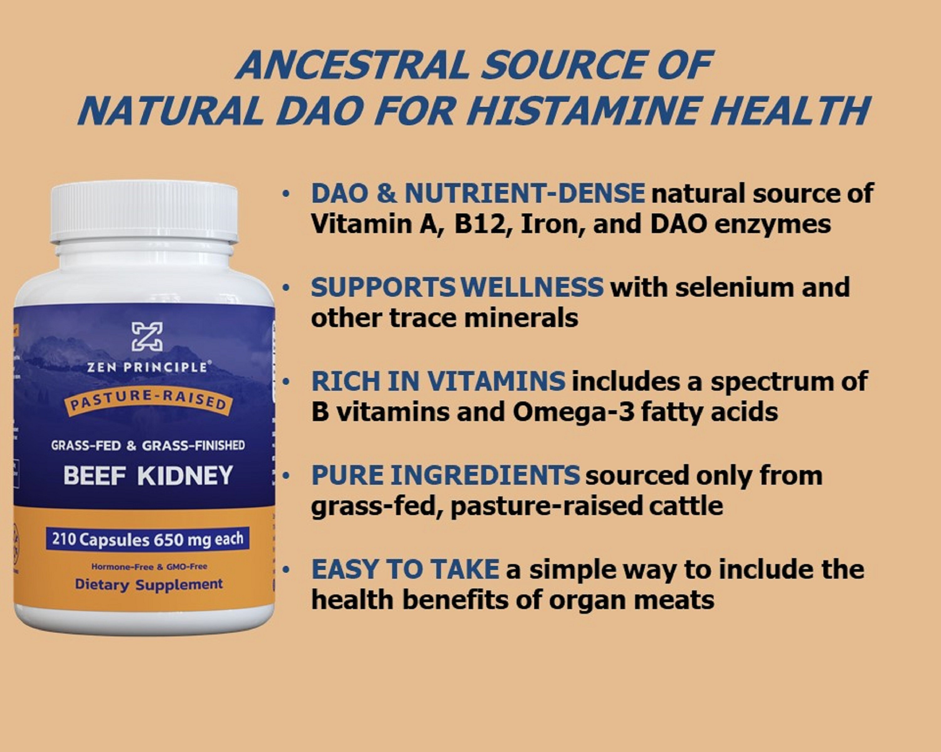 Grass Fed Beef Kidney Supplement, 210 Capsules, 3250mg. DAO Enzyme for