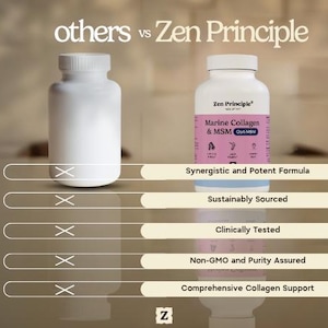 May include: An image comparing two white supplement bottles. One is plain, the other labelled "Zen Principle Marine Collagen & MSM". The label highlights features such as "Synergistic and Potent Formula" and "Sustainably Sourced".