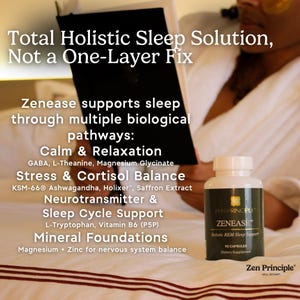 Peut inclure: Une bouteille de g&eacute;lules Zenease pour un soutien holistique du sommeil. L'&eacute;tiquette est sombre avec du texte blanc, &eacute;num&eacute;rant les ingr&eacute;dients et les bienfaits. L'image comprend le texte : "Total Holistic Sleep Solution, Not a One-Layer Fix."