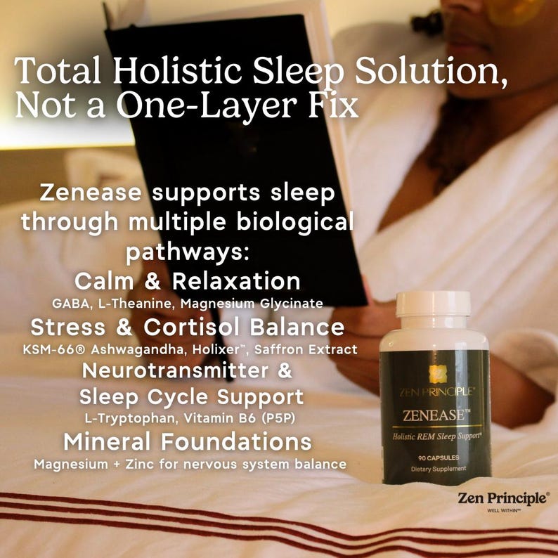 Peut inclure: Une bouteille de g&eacute;lules Zenease pour un soutien holistique du sommeil. L'&eacute;tiquette est sombre avec du texte blanc, &eacute;num&eacute;rant les ingr&eacute;dients et les bienfaits. L'image comprend le texte : "Total Holistic Sleep Solution, Not a One-Layer Fix."