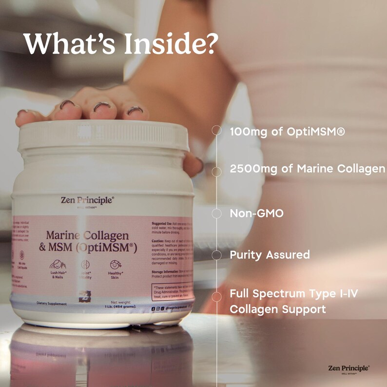 Może przedstawiać: Biały słoik suplementu diety Zen Principle Marine Collagen & MSM (OptiMSM). Etykieta zawiera tekst o składnikach produktu, w tym 100 mg OptiMSM i 2500 mg kolagenu morskiego. Słoik zawiera 454 gramy produktu.