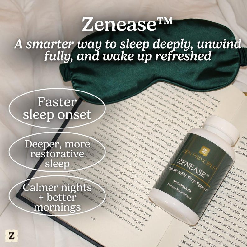 Peut inclure: Un masque de sommeil en satin vert et un flacon de g&eacute;lules Zenease pour le soutien holistique du sommeil paradoxal reposent sur un livre ouvert. Le texte promeut un sommeil plus profond et des nuits plus calmes.