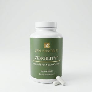 May include: A white bottle of ZENGILITY dietary supplement with a green label. The label includes the text "ZEN PRINCIPLE", "Targeted Bone & Joint Comfort", and "120 CAPSULES". Two white capsules are in front of the bottle.