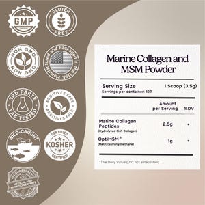 Może przedstawiać: Etykieta produktu dla Marine Collagen i MSM Powder. Etykieta zawiera informacje o wielkości porcji, składnikach i certyfikatach, takich jak GMP, bezglutenowy i koszerny. Produkt jest pakowany w USA.